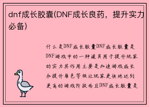 dnf成长胶囊(DNF成长良药，提升实力必备)
